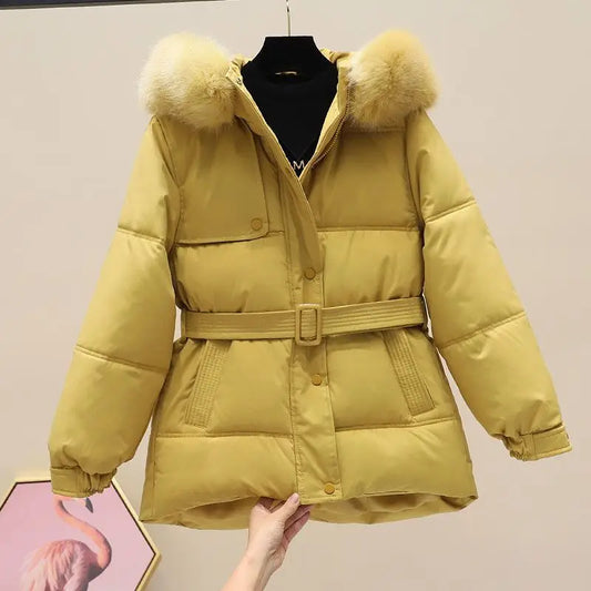 Women's winter hooded down jacket fur neck hooded long coat fashion hooded warm coat comfortable slim fit coat nice outdoor wear