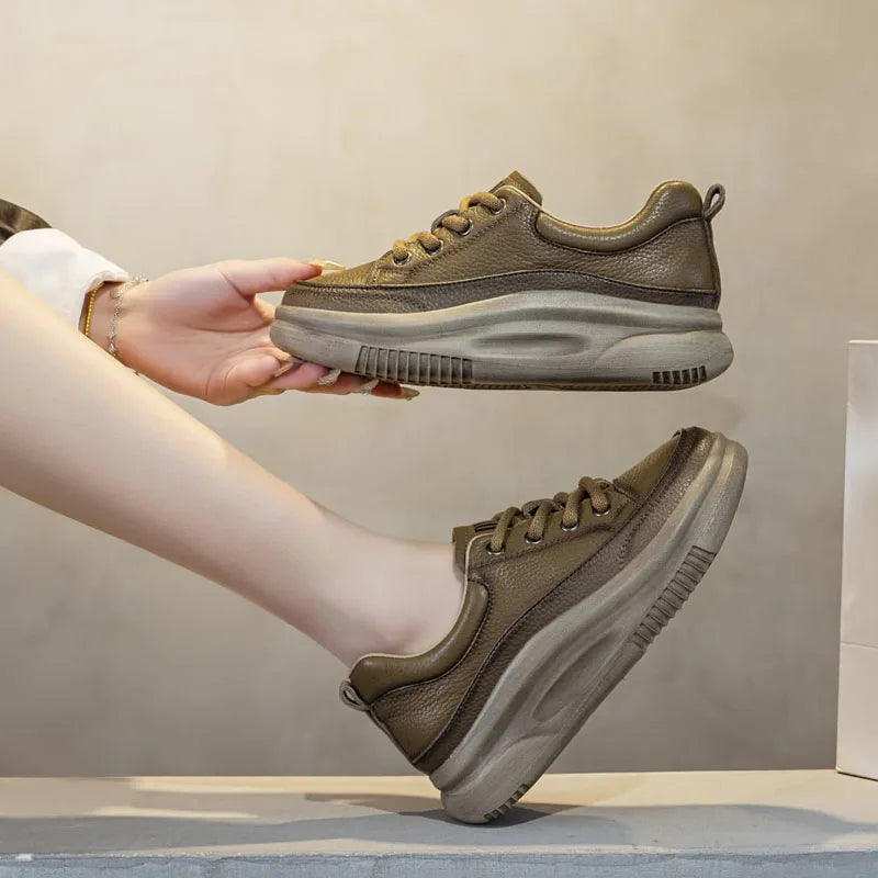DRKANOL Fashion Women Thick Bottom Casual Sneakers Round Toe Genuine Cow Leather Chunky Platform Lace-Up Lightweight Shoes Lady