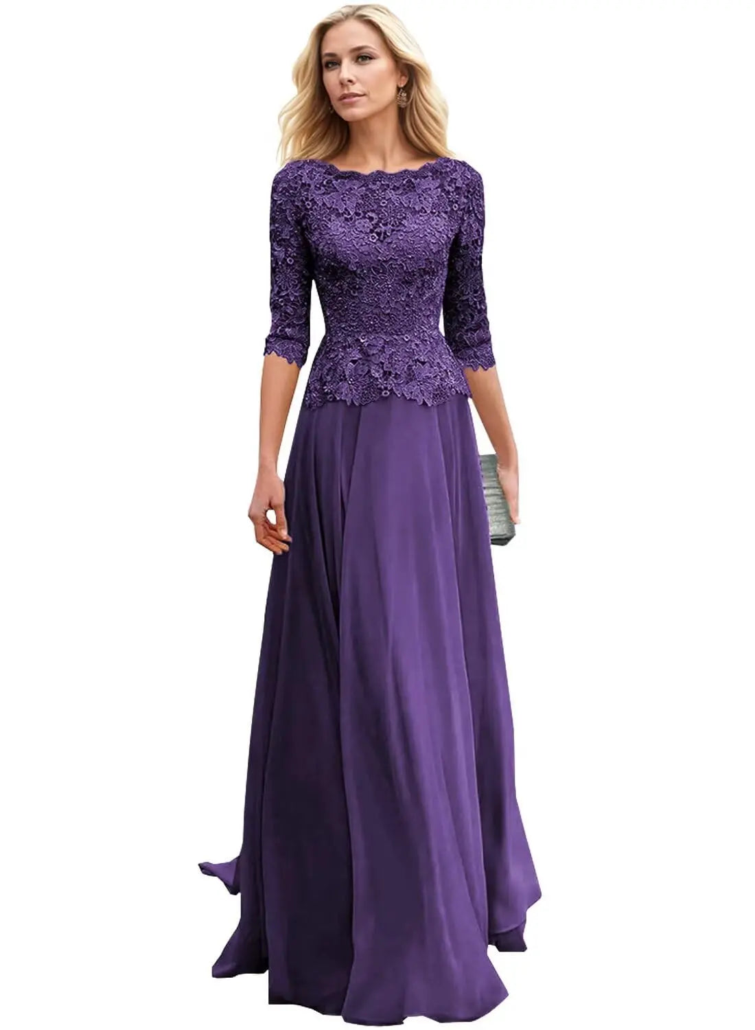 Customized Women's Lace Appliques Mother Of The Bride Dress For Wedding Boat Neck Chiffon Half Sleeves Formal Wedding Guest Gown