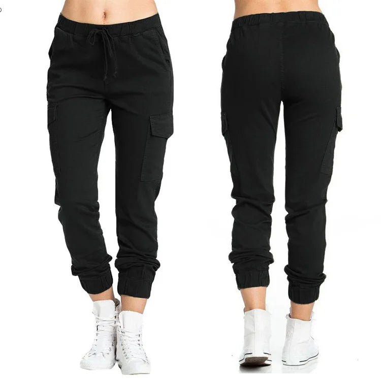 New Solid Jogger Women's Cargo Pants Multi-Pocket Drawstring Elastic Waist Women Sports Pants Streetwear Casual Long Pant