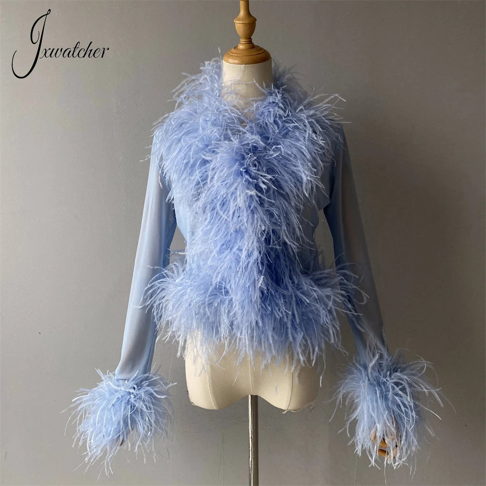 Jxwatcher Women's Sexy Mesh Feather Tops Spring Summer Ladies Vintage Celebrity Real Ostrich Feather Coat Fashion Party Wear New