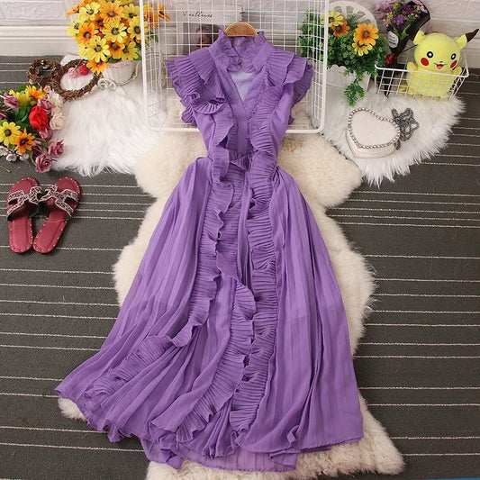 Sweet Ruffles Skinny Dresses Spring Casual Sleeveless V-neck Elastic High Waist Pleated Femme Vestidos Chic Solid Colours Dress