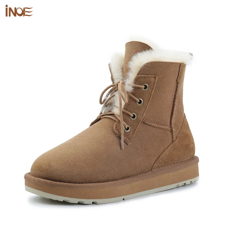 INOE Women Fashion Casual Short Winter Snow Boots Sheepskin Suede Leather Shearling Sheep Fur Wool Lining Warm Shoes Waterproof