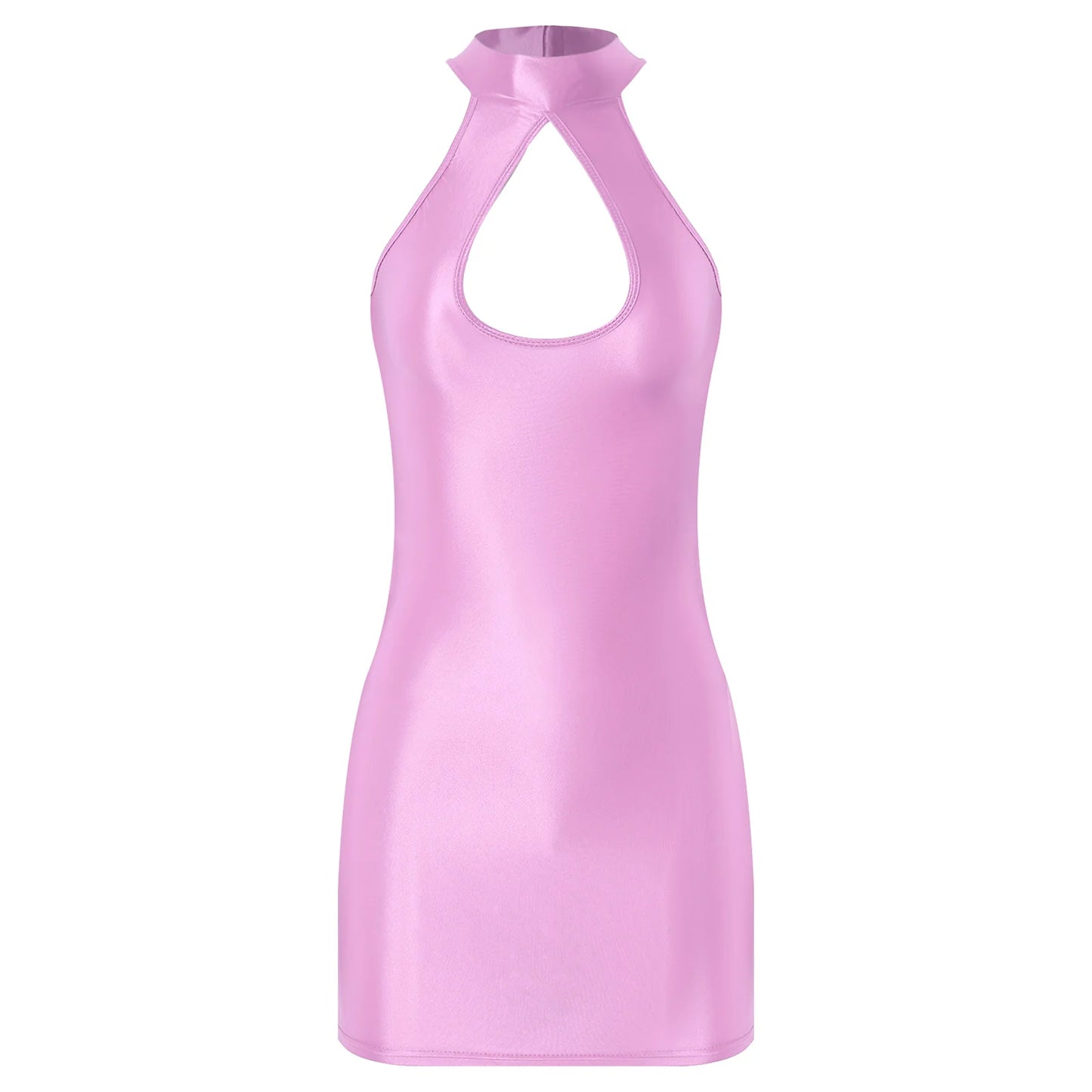 Womens Glossy Oil Bodycon Mini Dress Nightwear Halter Sleeveless Backless Hollow Out Sexy Hip Hugging Pencil Mini Dress Clubwear