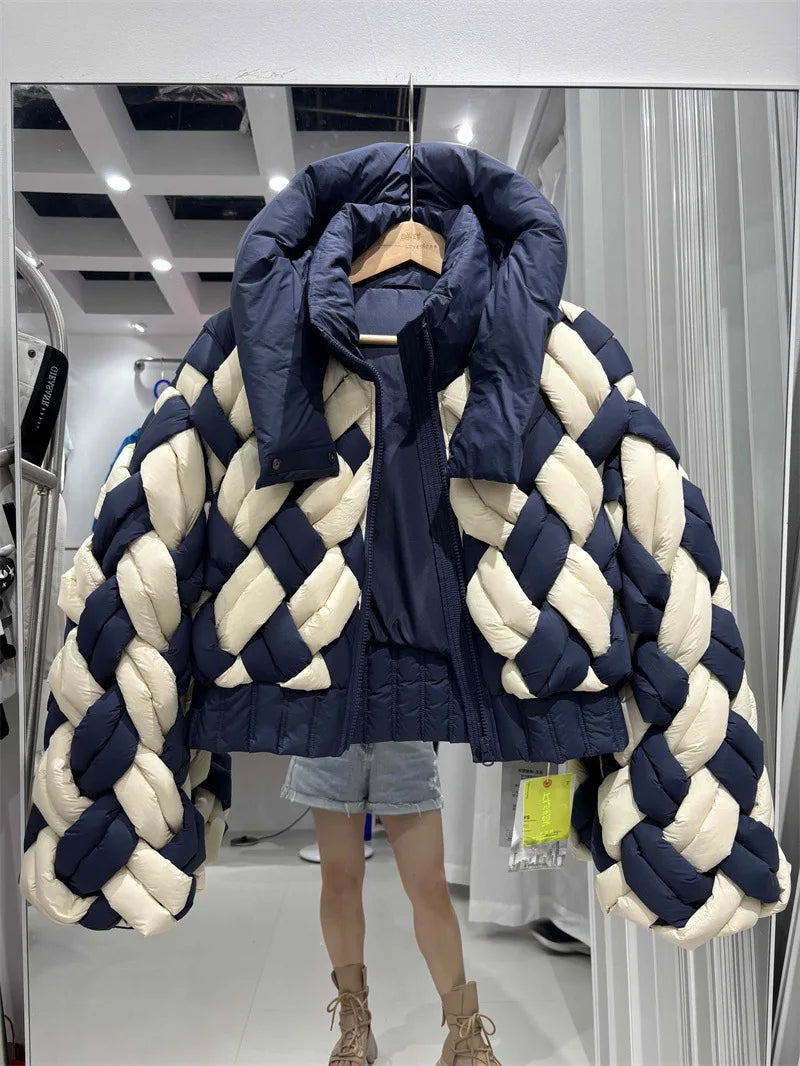 Winter Fashion Patchwork Twists Down Jacket Women White Duck Down Hooded Parker Outwear Female Zipper Loose Quilted Short Jacket