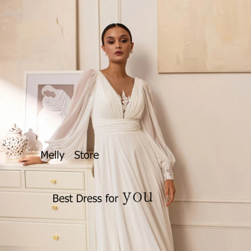 Exquisite Ivory Wedding Dresses A Line Bridal Gowns Court Train Full Sleeve New Vestido De Novia Simple Chiffon Robe De Summer