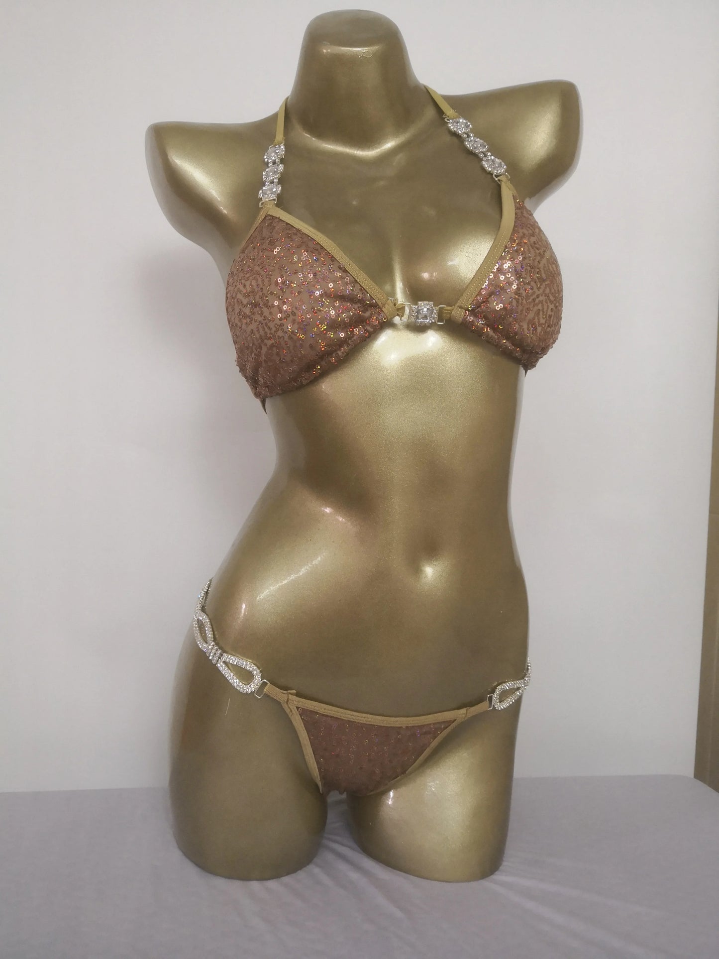 NPC IFBB Competition Bikini Posing Suit for Women Rhinestone Connectors Scrunch Bikini