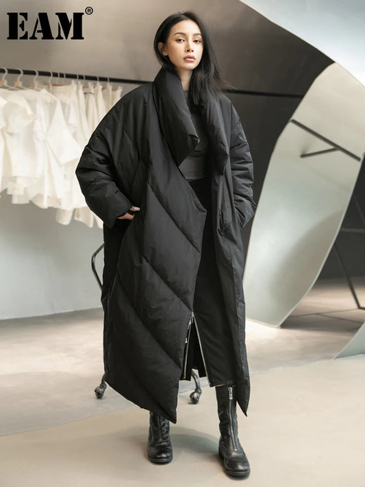 [EAM] Loose Fit Black Long Down Jacket New Stand Collar Long Sleeve Warm Women Parkas Fashion Tide Autumn Winter 2025 1DD1640