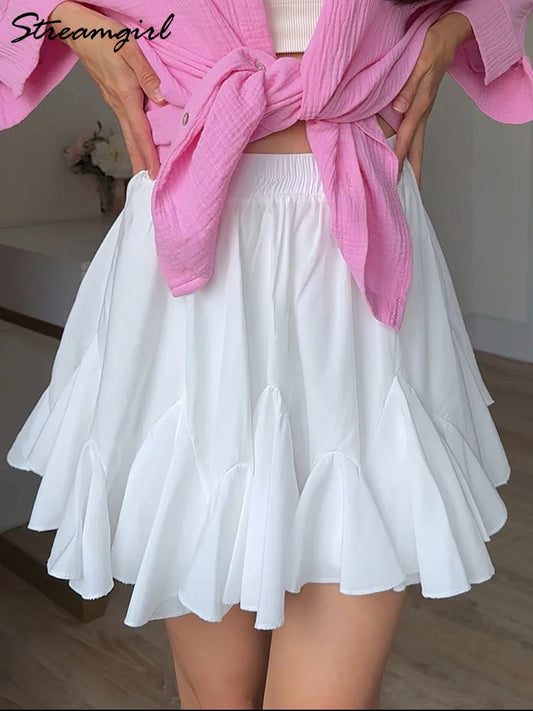 White Mini Ruffled Skirt Women Summer Elastic Waist Irregular Chiffon Skirts With Shorts Black Women's Pleated Skirt Mini 2025