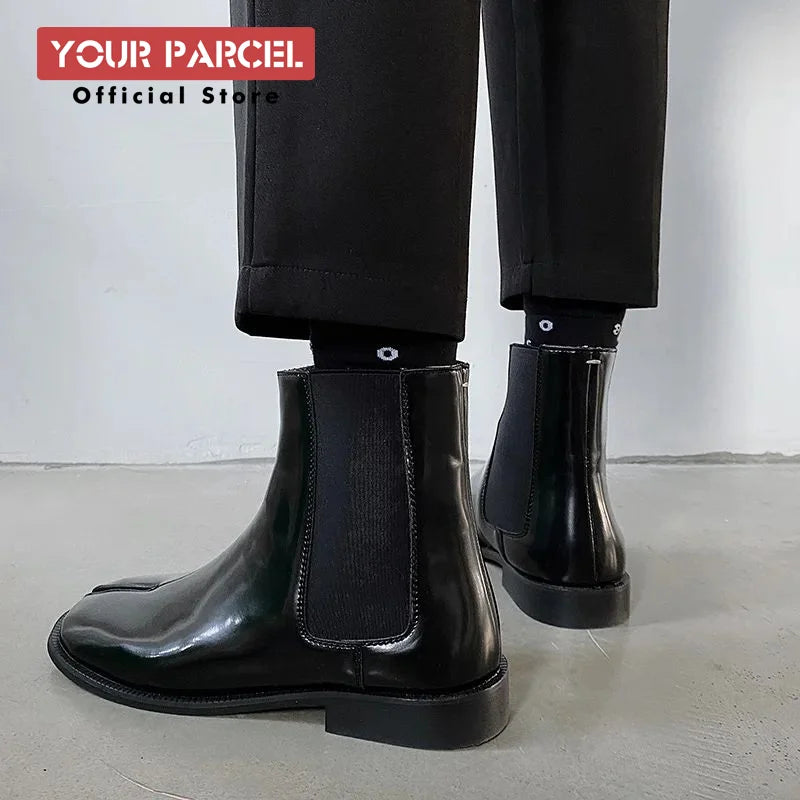 Men's split toe leather boots square toe leather shoes  English style short boots  women's Chelsea boots horseshoe shape