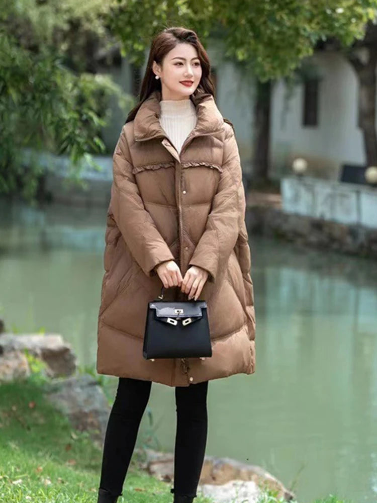 Winter Coats White Duck Down Puffer Jacket Women Medium Long Hooded Keep Warm Large Loose Thick Retro Warm Outwear Down Jackets
