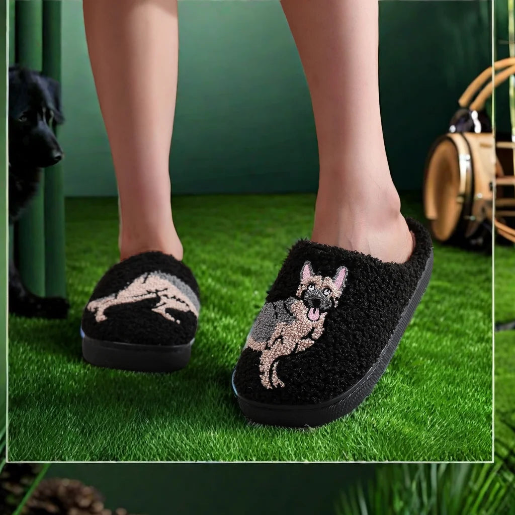 German Shepherd Pet Pattern Embroidery stuffed Home Platform Cozy Furry Cotton Slippers Men Personality Warm Non-slip Indoor Slippers Pet Dad Gift Dog Lovers Essential