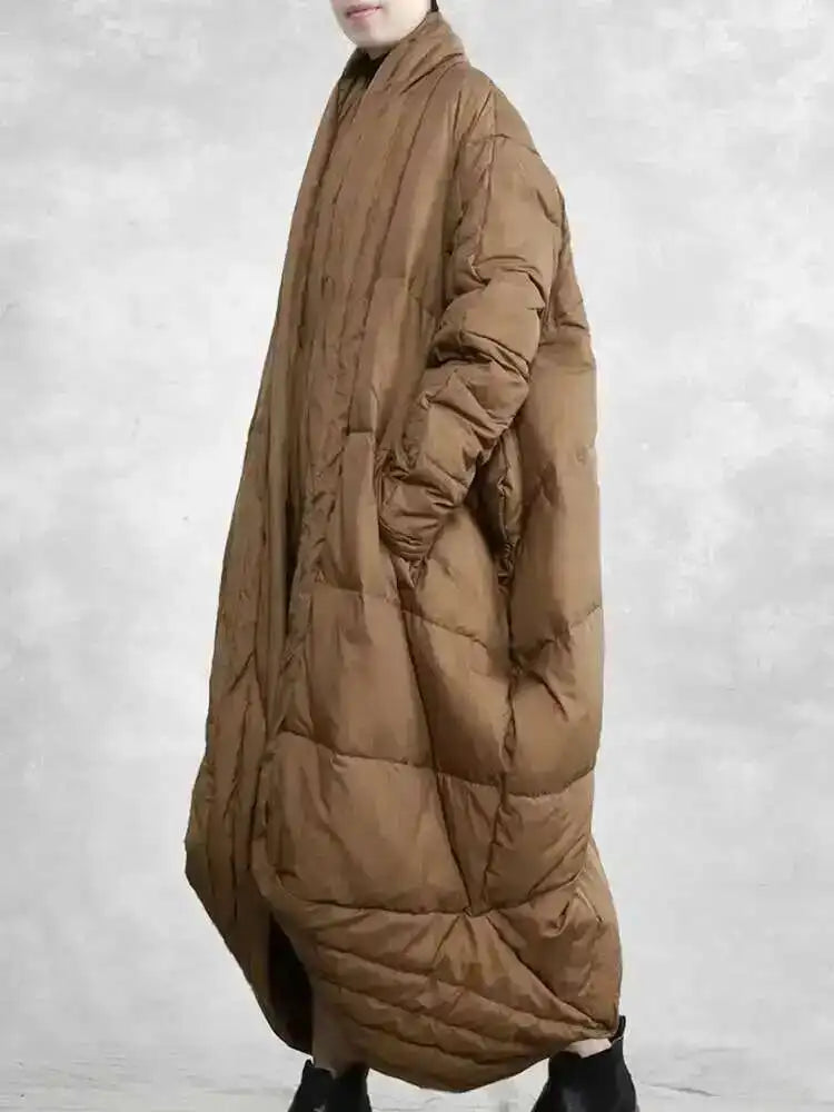 EAM Camel Big Size Thick Warm Long Down Jacket New Long Sleeve Warm Women Parkas Fashion Tide Autumn Winter 2025 31A1074