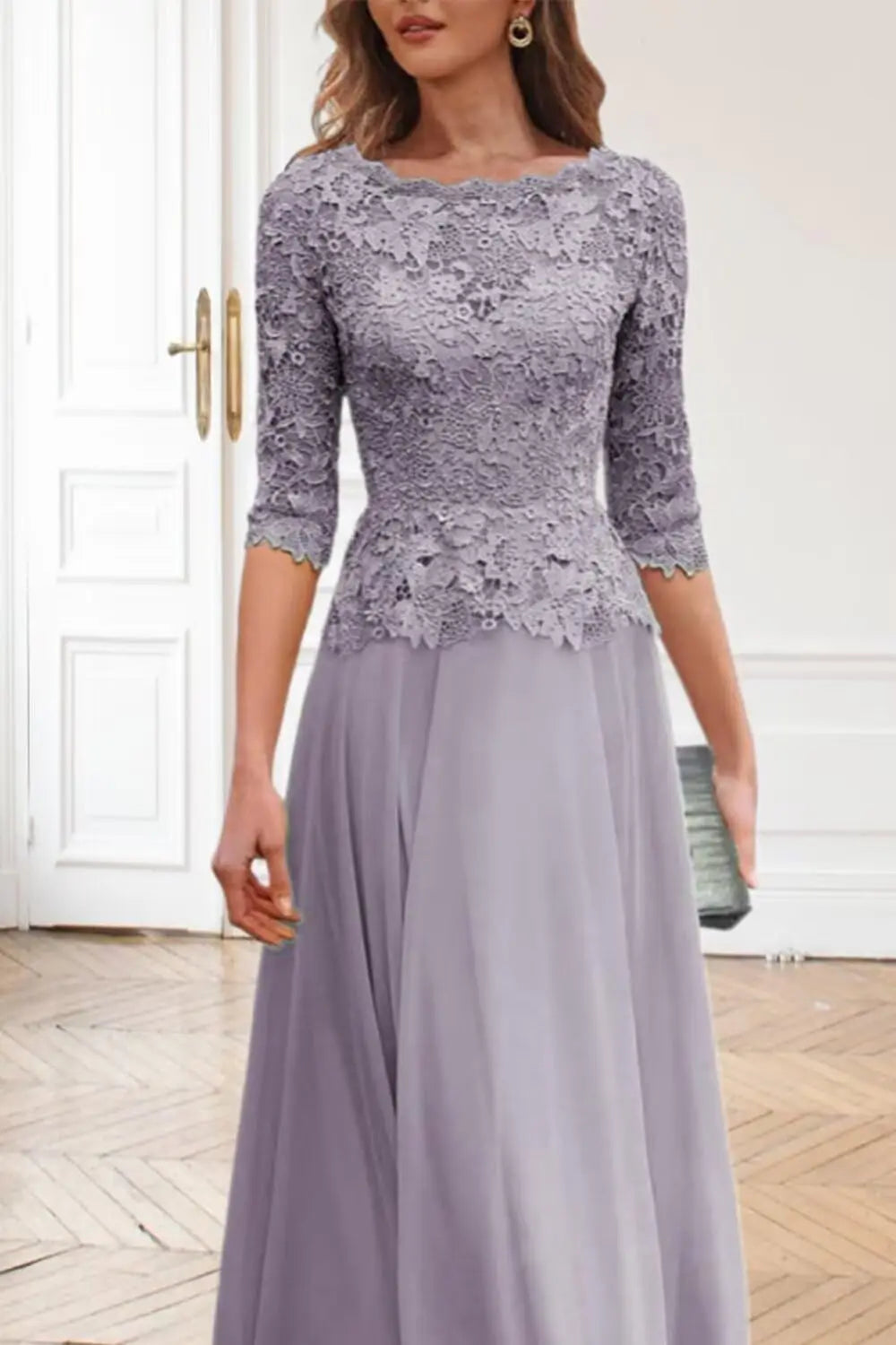 Customized Women's Lace Appliques Mother Of The Bride Dress For Wedding Boat Neck Chiffon Half Sleeves Formal Wedding Guest Gown