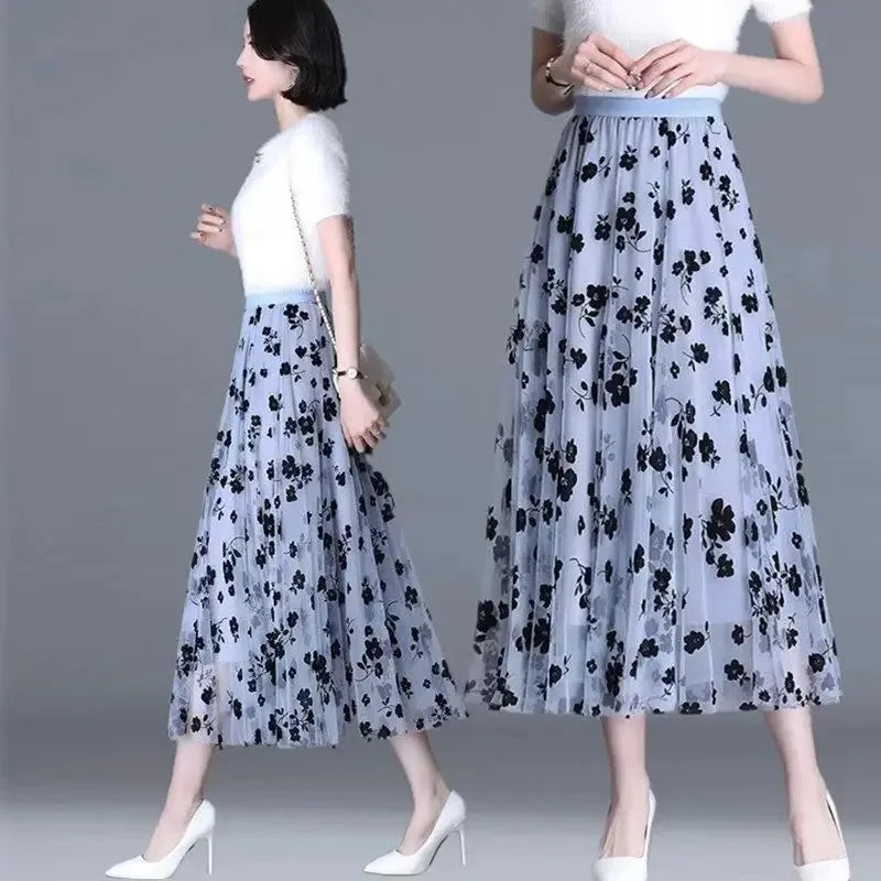 Gauze skirt floral half fairy skirt spring and summer new pleated A-line skirt in the long high waist thin gauze skirt