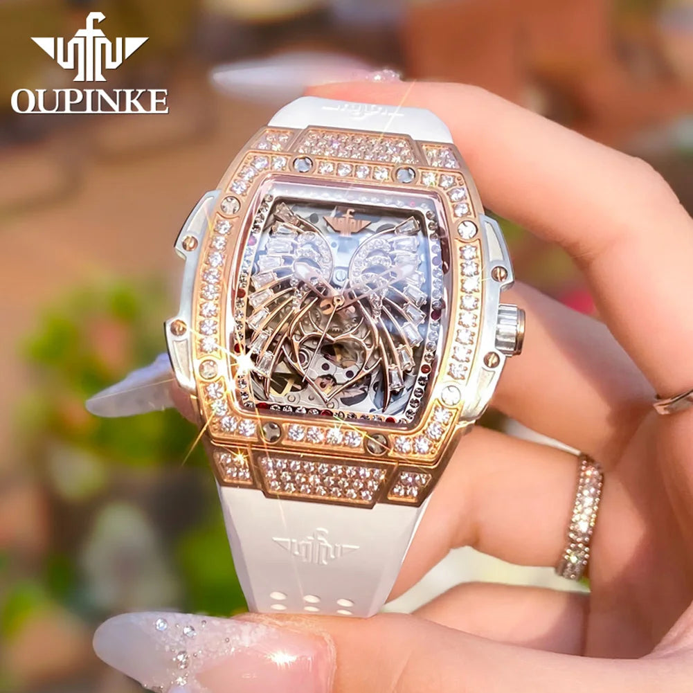 OUPINKE 3225 Women's Watch Big Dial Skeleton Mechanical Watch For Women Diamond Luxury Deep Waterproof Automatic Wrist Watches