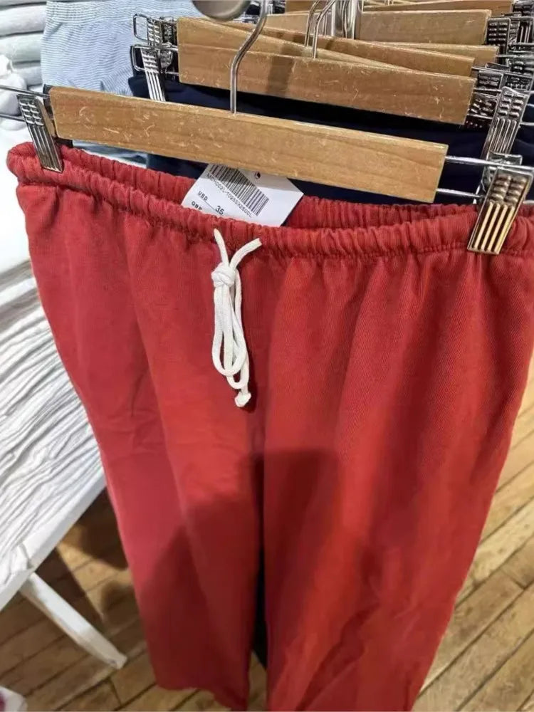 Red Drawstring Elastic Waist Oversized Retro Trouser Woman Casual Wide Leg Pant Loose Y2K Harajuku Sweatpants Cototn Blend