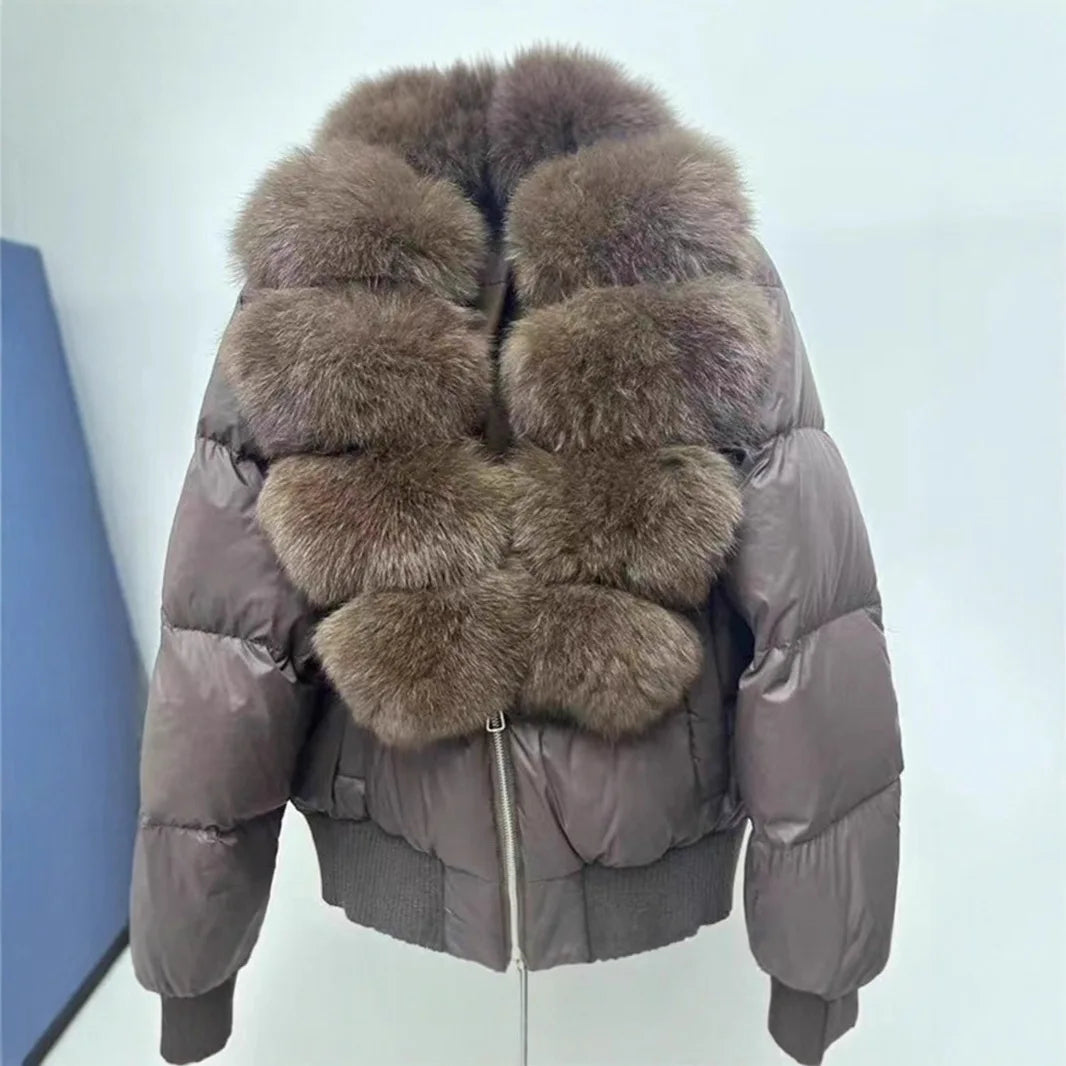Winter Natural Big Fur Collar Down Jacket Female Warm Thick Quilted Cotton Jacket Women 90 White Duck Down Zipper Parker Outwear