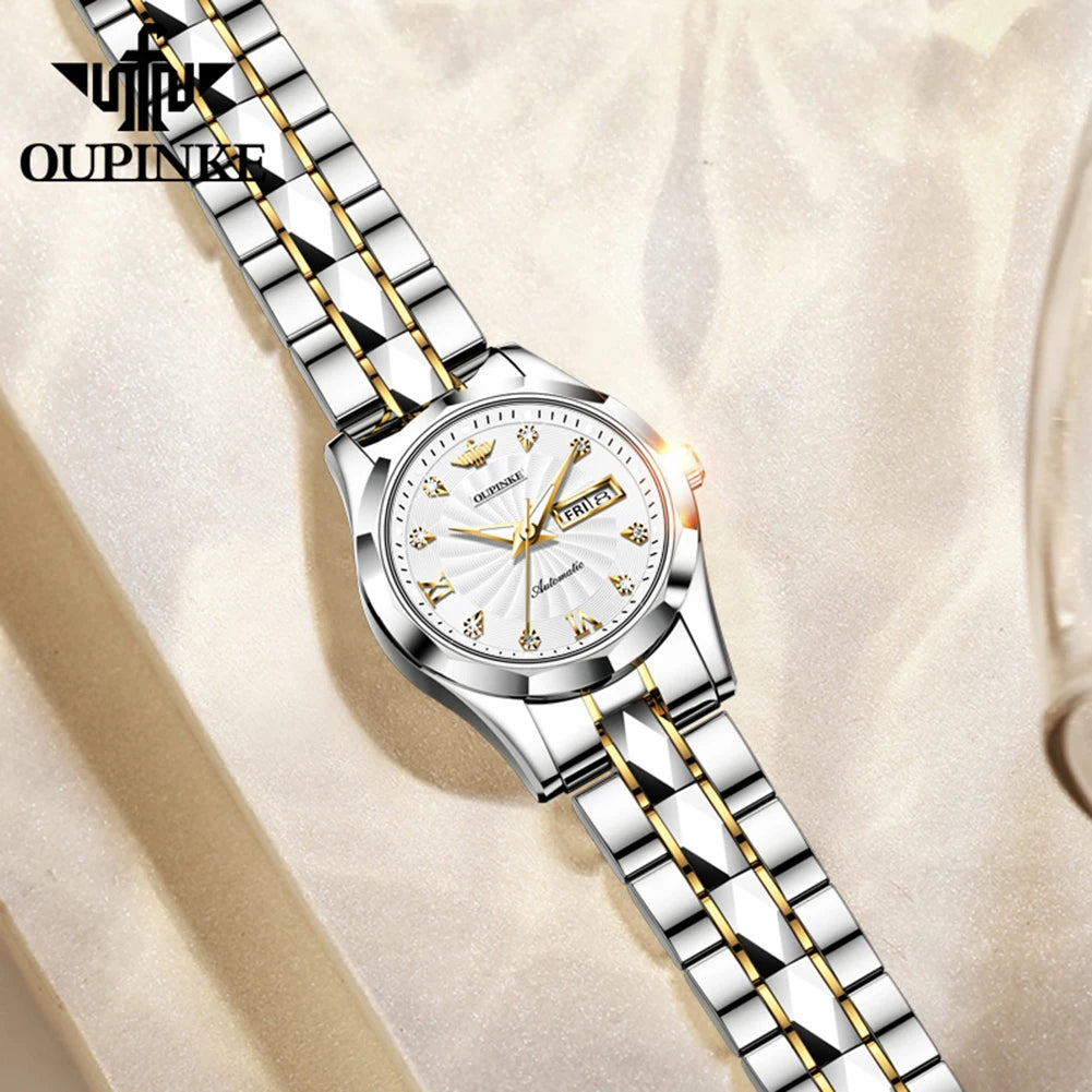 OUPINKE 3169 Women's Mechanical Watch Set Diamond Scale Whirlwind Dial Japan Movement Automatic Wristwatch Elegant Ladies Watch