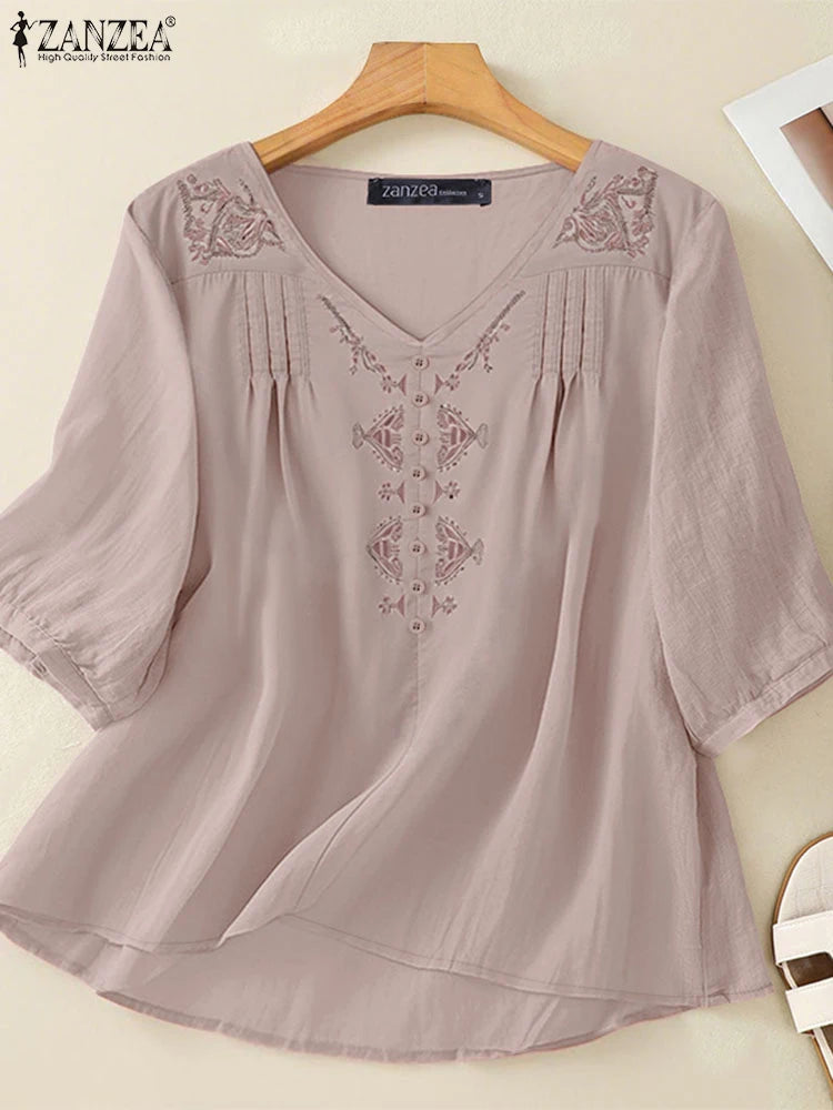 ZANZEA Women Vintage Floral Embroidery Blouses Summer Casual V-Neck Half Puff Sleeve Pintuck Blusas Mujer Day Wear Tunic Tops