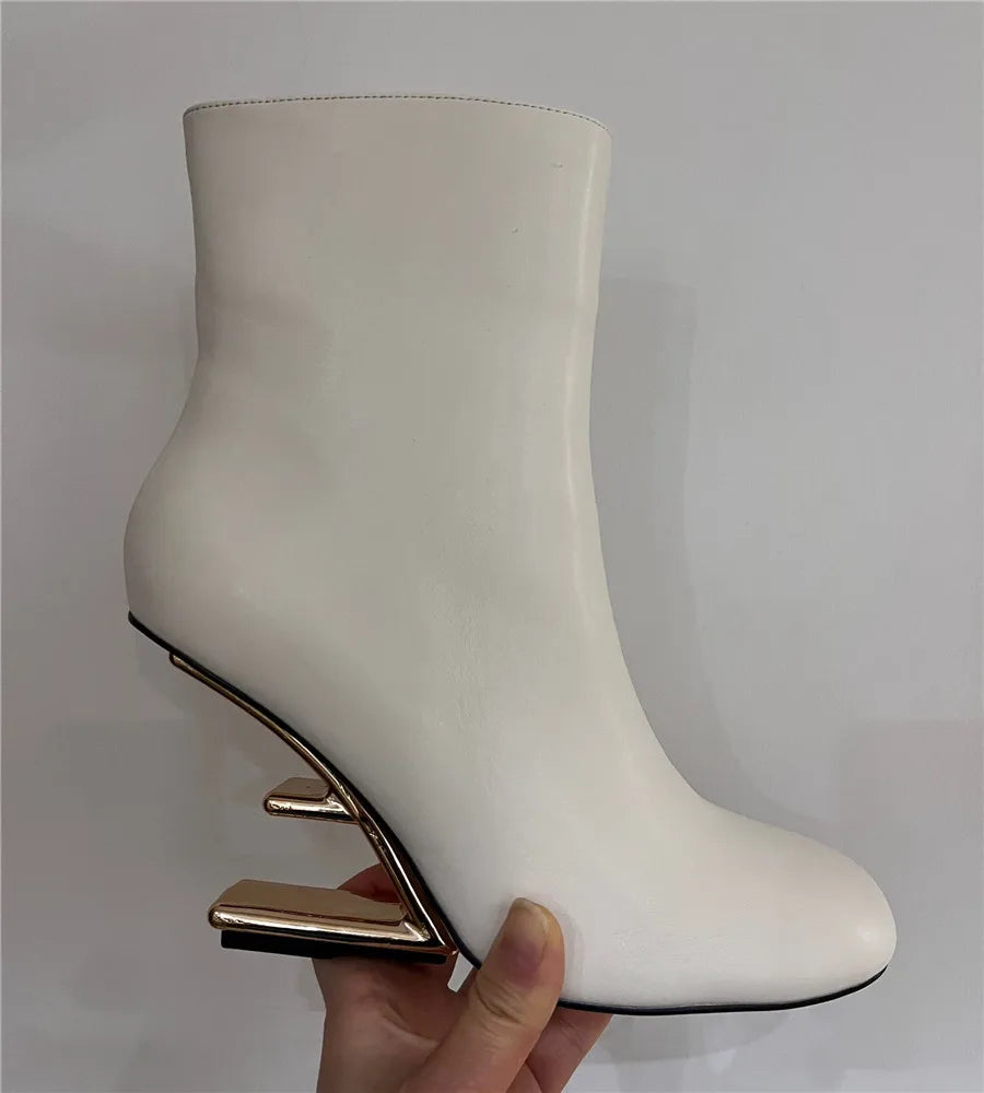2025 New White Women Letter Strange High Heel Boots Black Wedge Shoes Autumn Winter Leather Short Botas Femininas Ladies Wedges