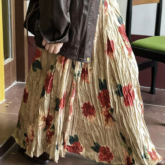 French retro rose dress women spring and autumn new fashion tie-dye oil painting high waist slim casual Joker pleated skirt.