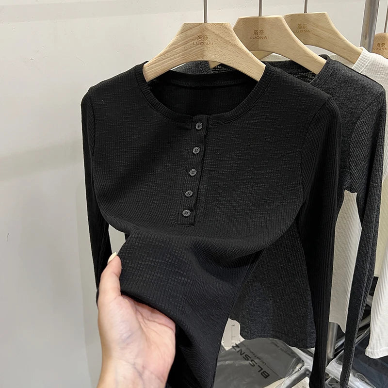 Autumn Women T Shirt Vintage Slim Fit Versatile T-Shirt Women Casual Solid Button O-Neck Long Sleeve Tees Femme Ribbed Y2k Top