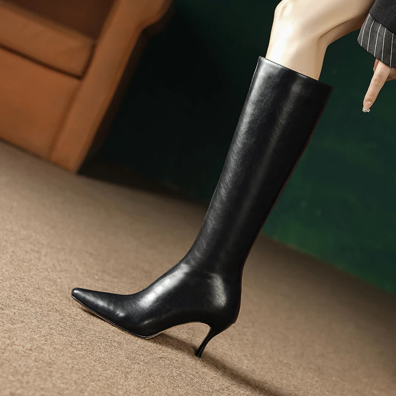 QUTAA 2024  Genuine Leather Pointed Toe Women Knee High Heels Boots Woman Autumn Winter Shoes New Lady Long Boots Size 34-43