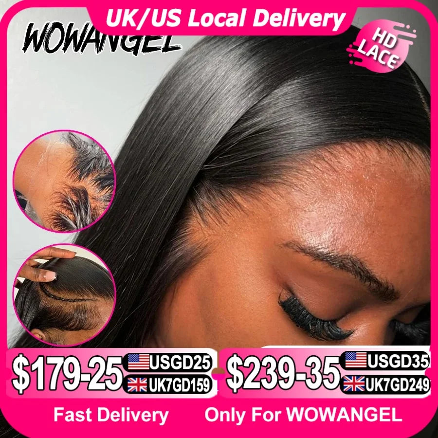 WowAngel 250% Upgraded 13x6 HD Lace Full Frontal Wigs Glueless Straight Human Hair Wigs Pre Plucked Natural Scalp Brazilian Hair