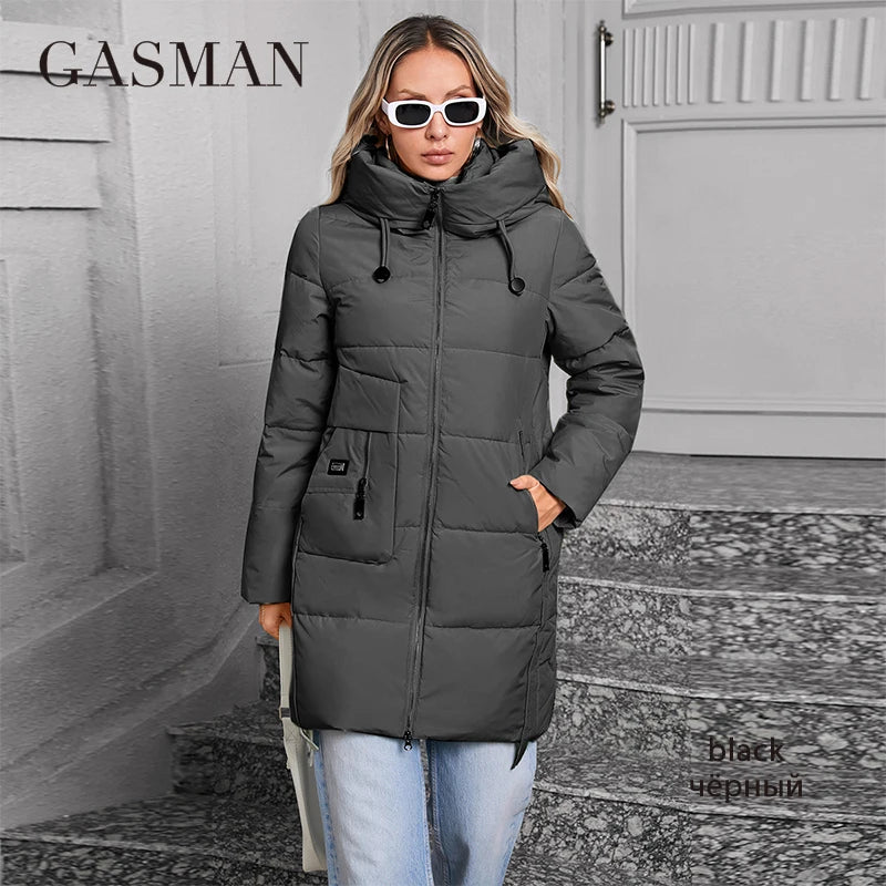 GASMAN 2024 Women Down Jacket Medium Classic zipper design Big Pocket Stand Collar Hooded Slim coat Women Parkas 83356