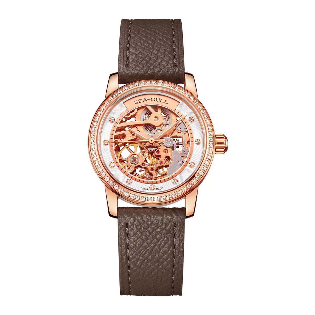 Seagull Fashion Women's Watch Red Luxury Zircon Skeleton Womens Mechanical Automatic Ladies Wristwatch Montre Femme 719.403LK
