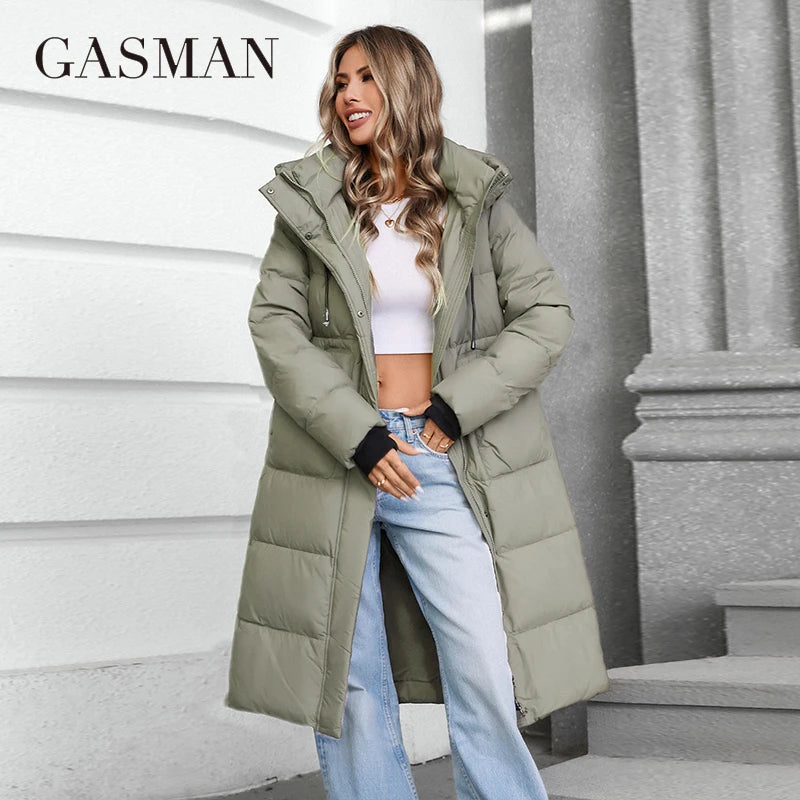 GASMAN 2024 Women's jacket long Fashion Grace women winter down jackets Zipper pocket with belt parka high quality outwear 88602