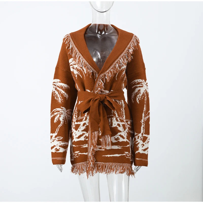 Fashion Lace Up Floral Tassel Patchwork Sweater For Women Elegant Long Sleeve Belt Knitted Cardigan Jacket Lady Chic Street Tops