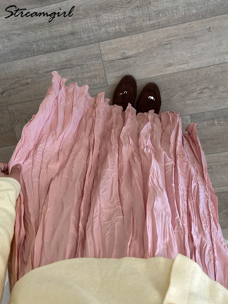 Streamgirl Women Summer Skirts Long Pleated A Line Elegant Solid Big Swing Maxi Skirt Ladies Blue White Beach Skirt Women Luxury