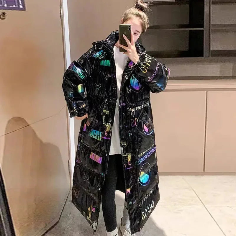New Glossy Print Down cotton Jacket for women Winter 2025 Loose Thick Women Hooded Parka Coat Windproof Rainproof Long Overcoat