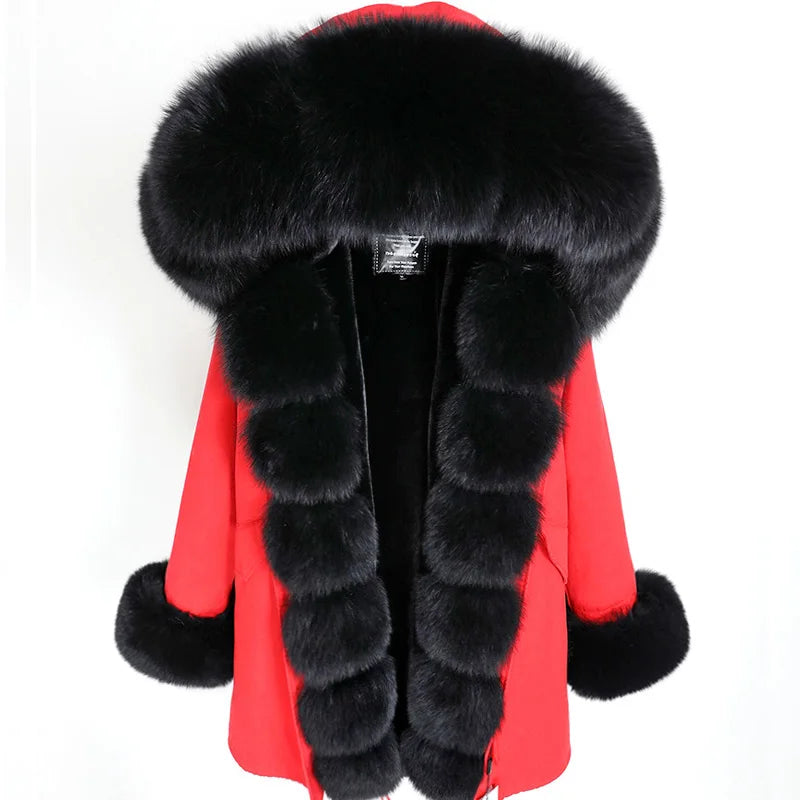Maomaokong Winter Women Luxur Beige Fur Coat Natural Real Fox Fur Waterproof Jacket Hooded Thick Warm Fashion Long Black Parkas