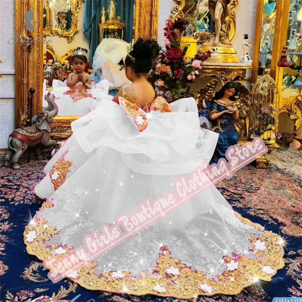 Rose Pink Girl Party Long Dresses Gold Appliqued Wedding 2025 Customized Birthday Pageant Feast Events Dress