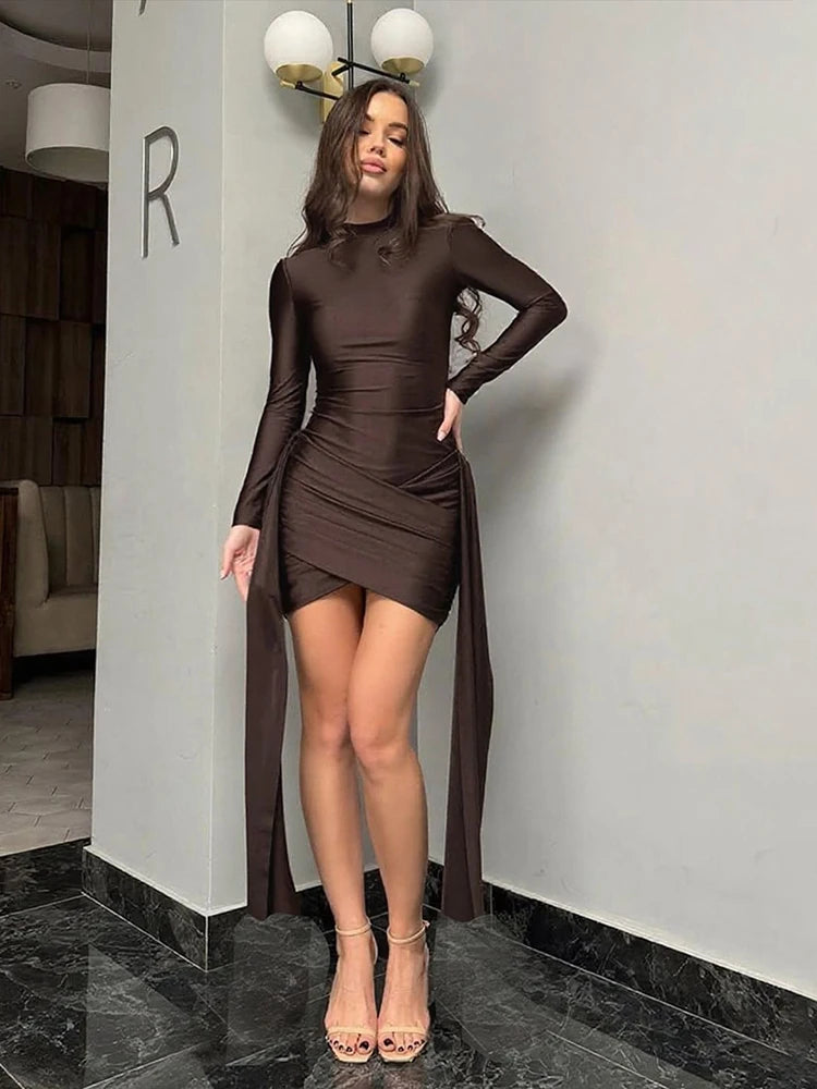JULISSA MO Knitted Turtleneck Ribbons Ruched Women Dress Brown Long Sleeve High Waist Dress Autumn Slim Elegant Party Club Dress