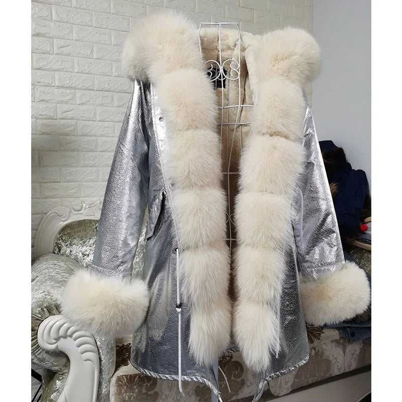 Maomaokong Winter Women Luxur Beige Fur Coat Natural Real Fox Fur Waterproof Jacket Hooded Thick Warm Fashion Long Black Parkas