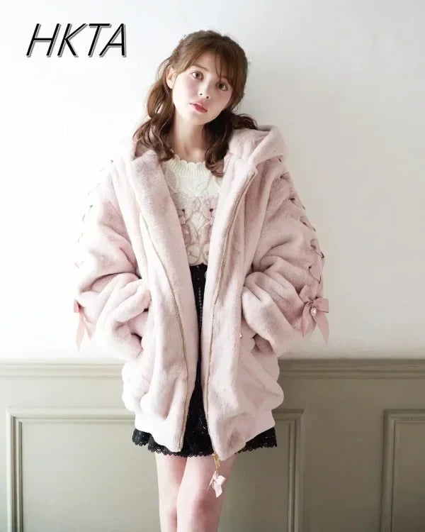 High Quality Japanese Winter New Sweet Cute Mine Cute Rabbit Ear Plush Cotton Coat Jacket Girl Lolita Fur Coats Women Parkas
