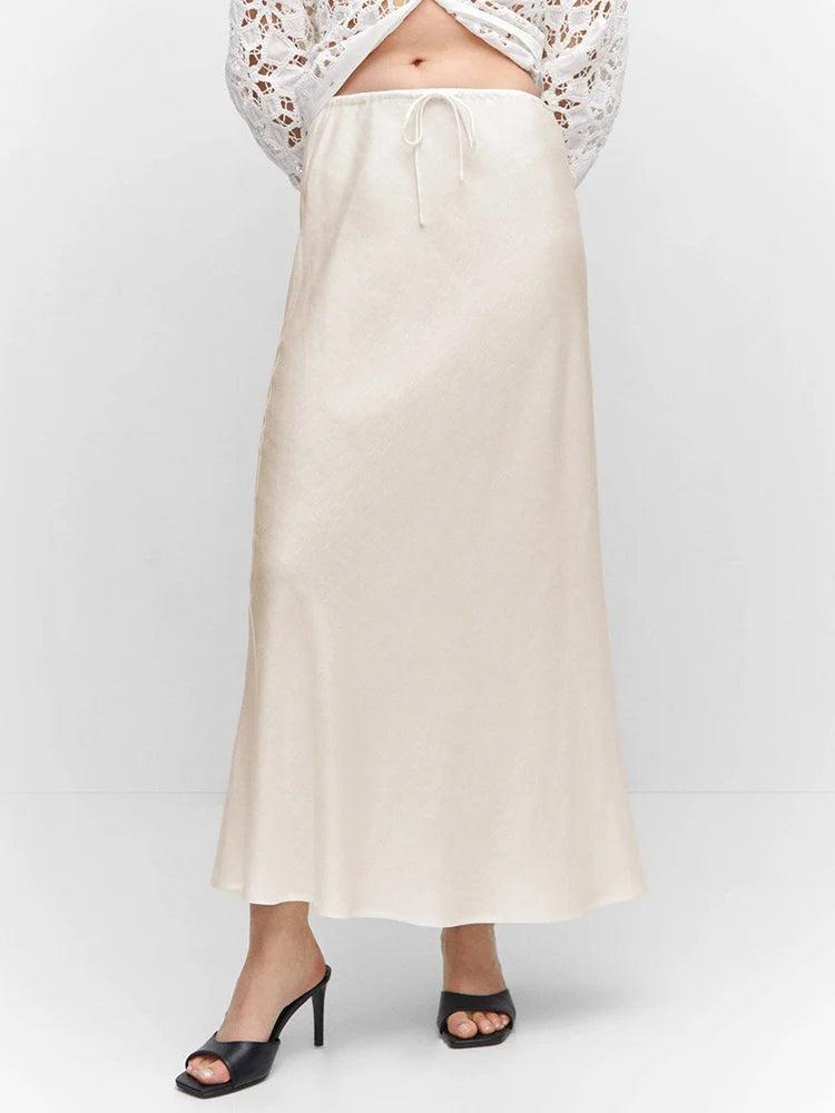 High Waist Long Satin Skirts For Women Spring 2025 Black High Quality Women's Drawstring Gray Satin Long Skirt Mermaid Beige
