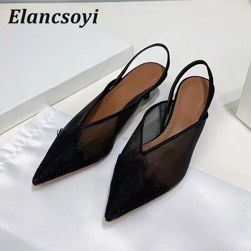 Fashion Satin Lace Kitten Heels Pointed Toe Sandals Women Pumps Low Heels Back Strap Sandalias Summer Elegant Banquet Shoes