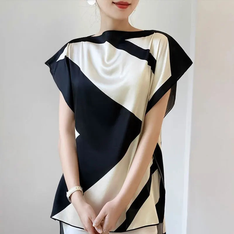 Commute Contrasting Colors Spliced Blouse Female Clothing Elegant Slash Neck Casual Summer Fashion Asymmetrical All-match Shirt