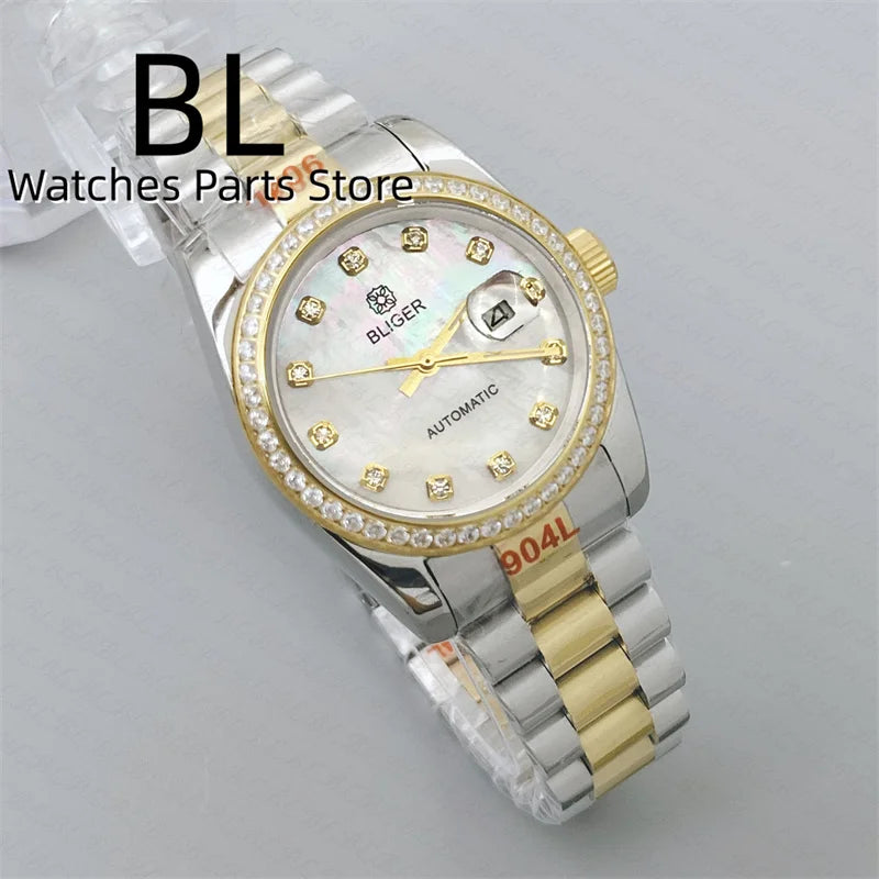 BLIGER 31mm NH05 Automatic Watch For Women Pink Gold Gray Purple Sunburst White Mother Pearl Dial Diamond Index Steel Bracelet