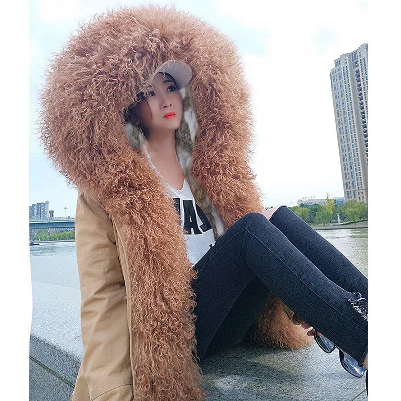 Maomaokong 2023 Winter Women Parkas Real Fur Long Coat Outwear Large Raccoon Fur Collar Thick Warm Jacket Rabbit Lining Hooded