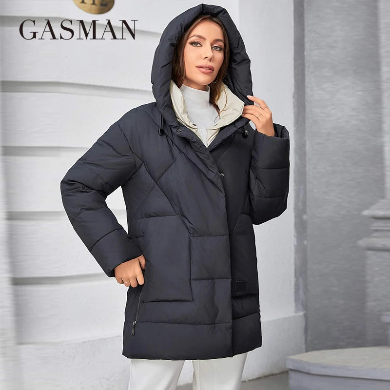 GASMAN 2023 Winter Parkas Women's Medium Length Slim Casual Hooded Warm Down Jackets Female Coats Women 83918