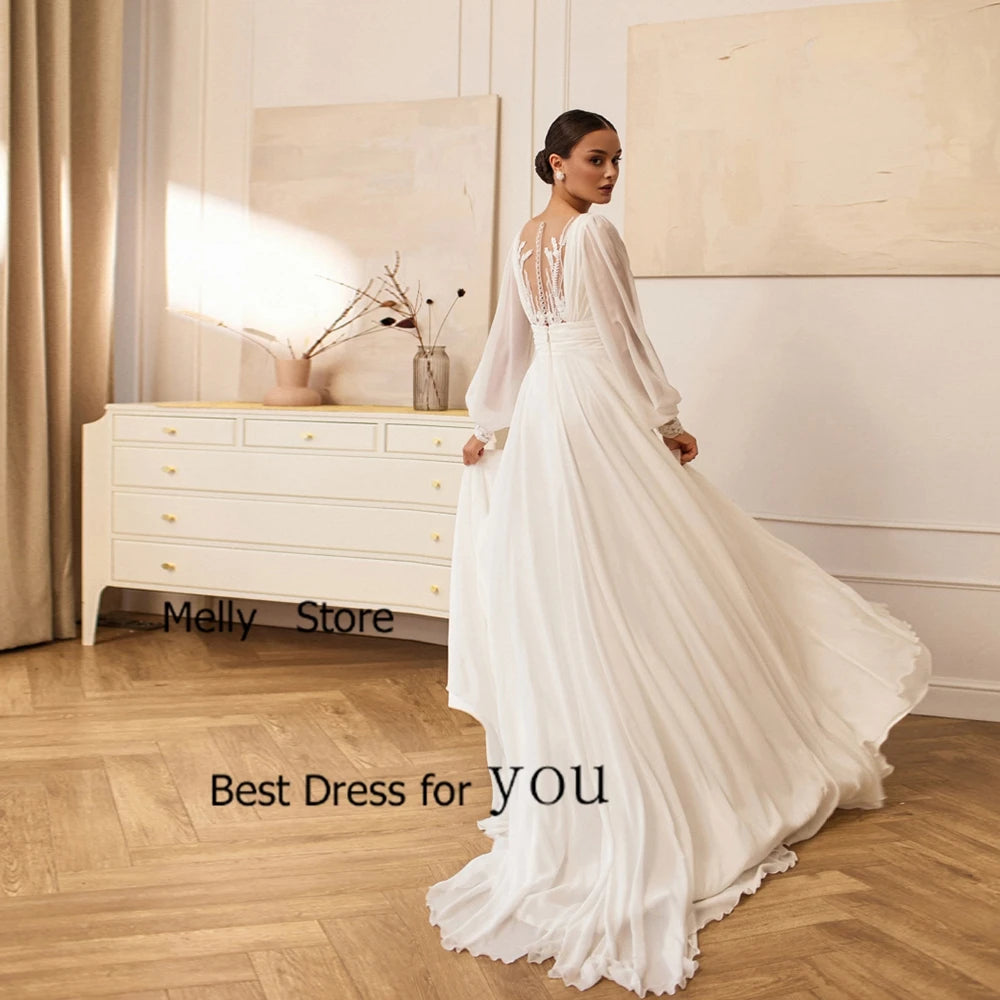 Exquisite Ivory Wedding Dresses A Line Bridal Gowns Court Train Full Sleeve New Vestido De Novia Simple Chiffon Robe De Summer