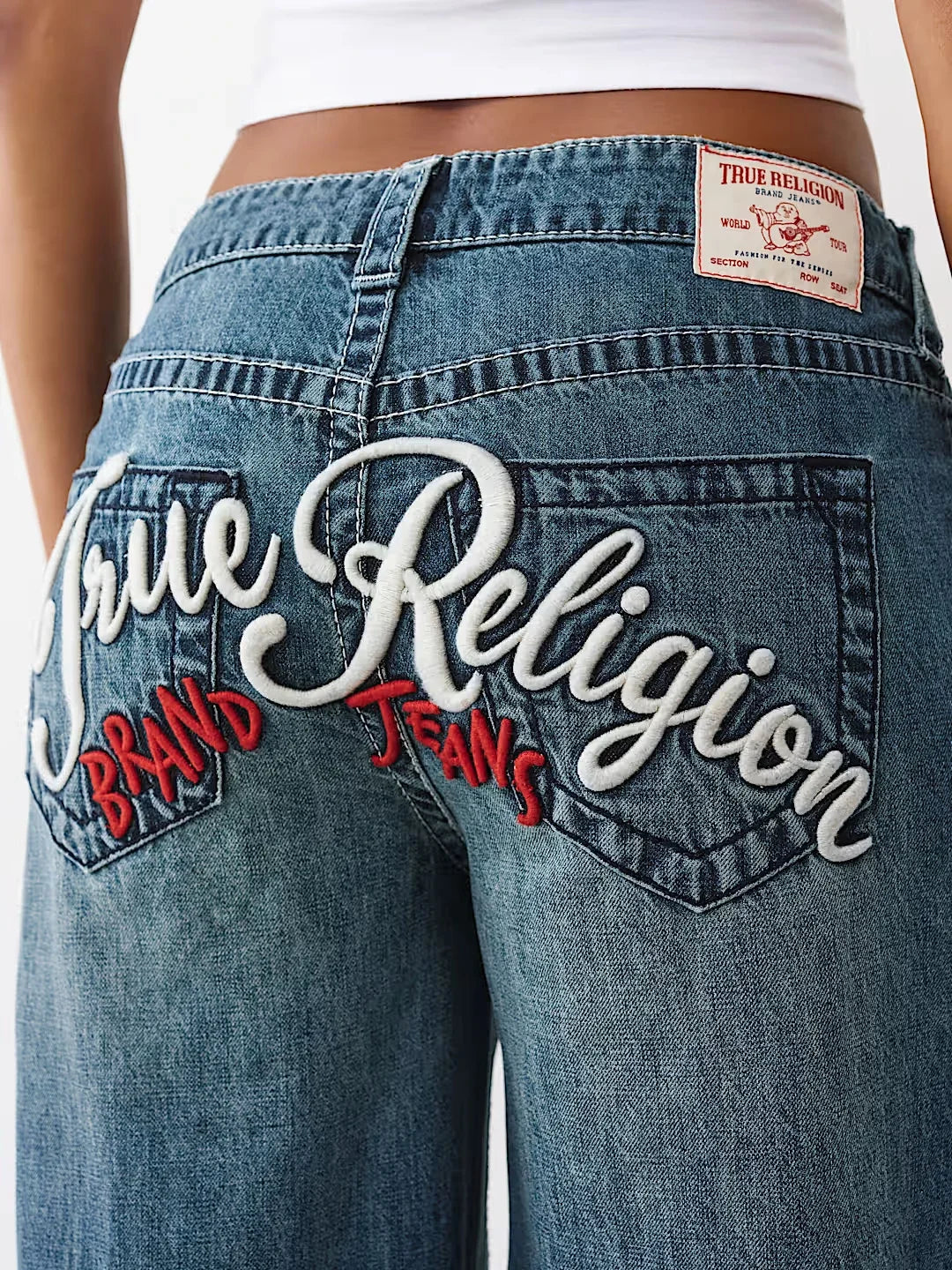 Popular Harajuku Buddha Brand Embroidery Heavy Industry Embroidery Jeans for Women's Autumn Simple Blue Wash Straight Pants