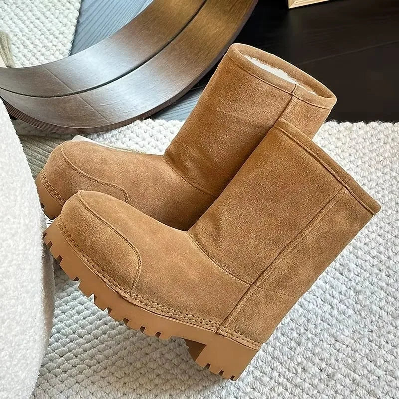 Luxury Size 35-43 New Snow Boots Women Thick Fur Warm Winter Boots Cow Suede Knee High Boots Fashion Platform Hiking Boots