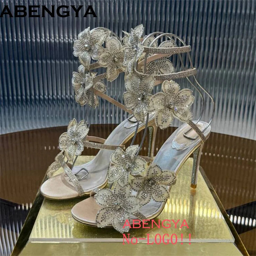 2025 Summer High Heels Sandals Women Crystal Flower Snake Strap Stilettos Party Shoes Shinny Female Sandalias Mujer